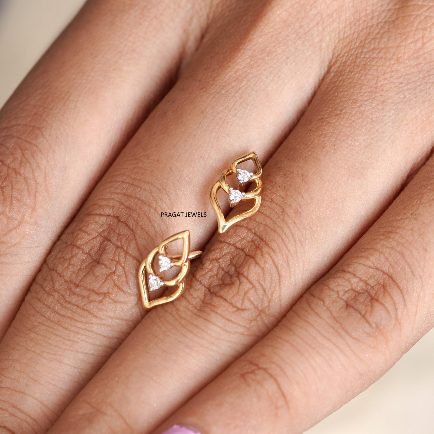 Leaf Gold Earrings  With Brilliant Cut Diamond,Handcrafted With Love.ER5044