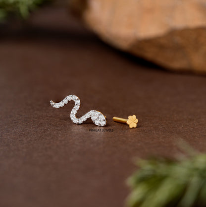 Gold Diamond Serpent Snake Nose Pin/Sparkling S-Curve Diamond Nose Stud with Flower Backnp1221