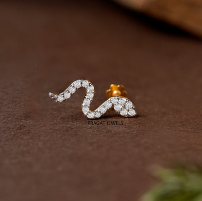 Gold Diamond Serpent Snake Nose Pin/Sparkling S-Curve Diamond Nose Stud with Flower Backnp1221