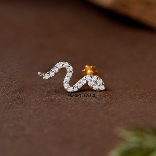 Gold Diamond Serpent Snake Nose Pin/Sparkling S-Curve Diamond Nose Stud with Flower Backnp1221