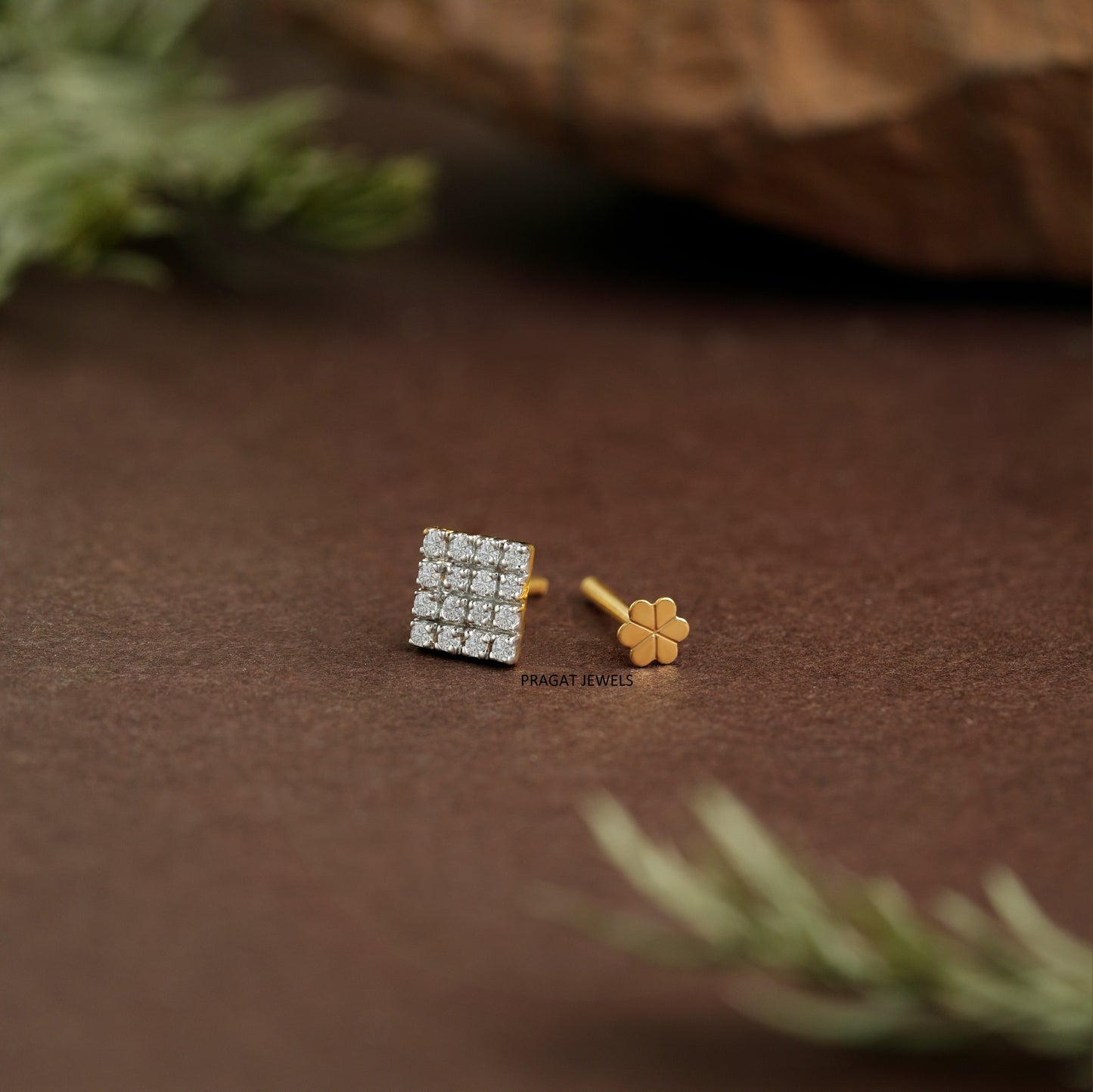Golden Grid Diamond Nosepin/Mens earring Royal Square Gold Nose Stud/Luxe Diamond Tile Nosepin/NP0769