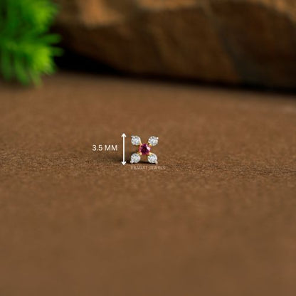 Yellow Gold Floral Red Diamond Nose Pin/Ruby Stone Nose stud NP0770
