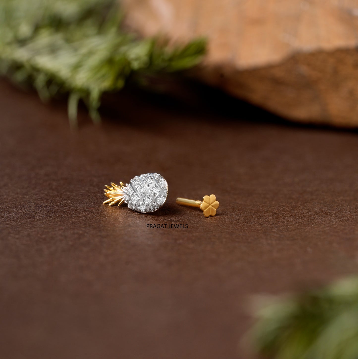 Gold Diamond Pineapple Fruit Nose Pin/Sparkling Pineapple Stud with Golden Crown/np1233