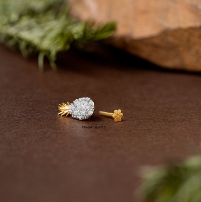 Gold Diamond Pineapple Fruit Nose Pin/Sparkling Pineapple Stud with Golden Crown/np1233