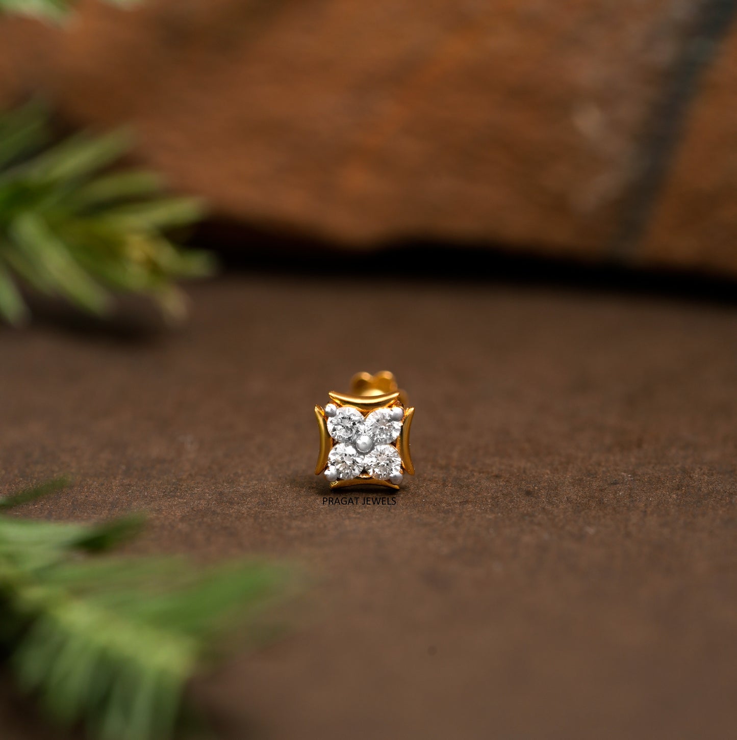 Gold Nose Pin with 4 Natural Diamonds – Floral Stud Design | Elegant Nose Jewelry for Women NP1112