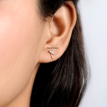 Diamond Leaf Drop Stud Earrings/Petite Floral Diamond Stud/Golden Stem Diamond Studs NP0851