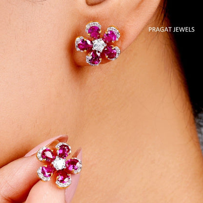 Flowers 14K Yellow Gold Earrings With Brilliant Cut Diamond,Handcrafted With Love. - PRAGAT JEWELS