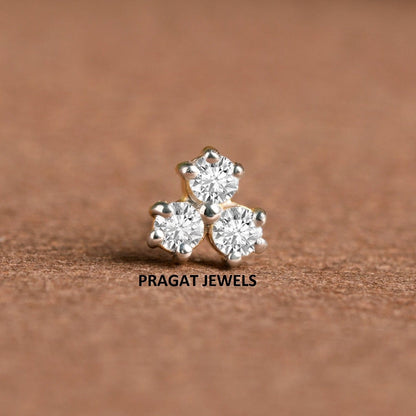 Gold Round  Diamond Trio Tiny Nose Stud/ Simple Three Stone Cluster Nose Stud / Tiny Diamond Studs / Last Minute Gift