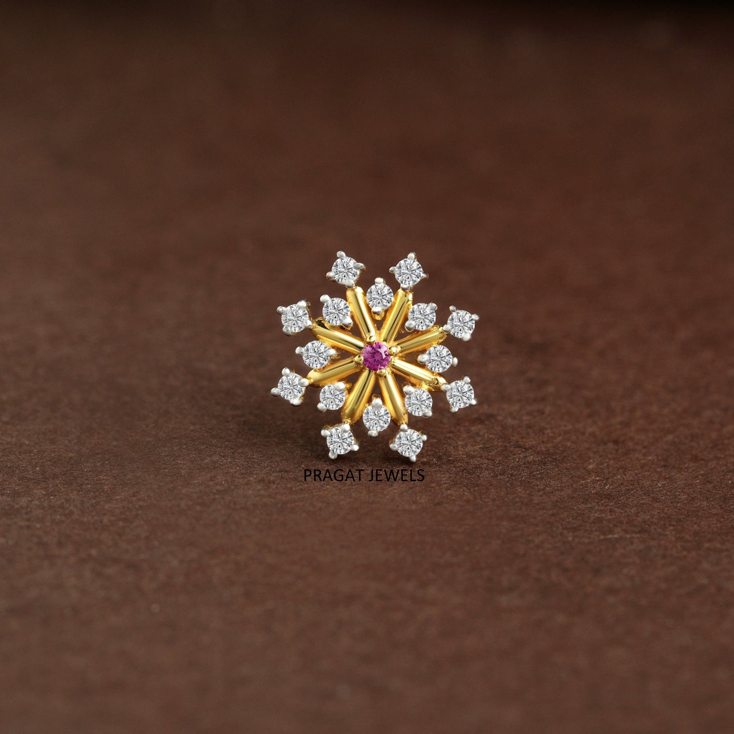 Ruby &  Diamond Sunburst Gold Nose Pin/Scarlet Bloom Diamond Nose Pin/Royal Ruby&Diamond  Star Gold Nose Pin/NP1356