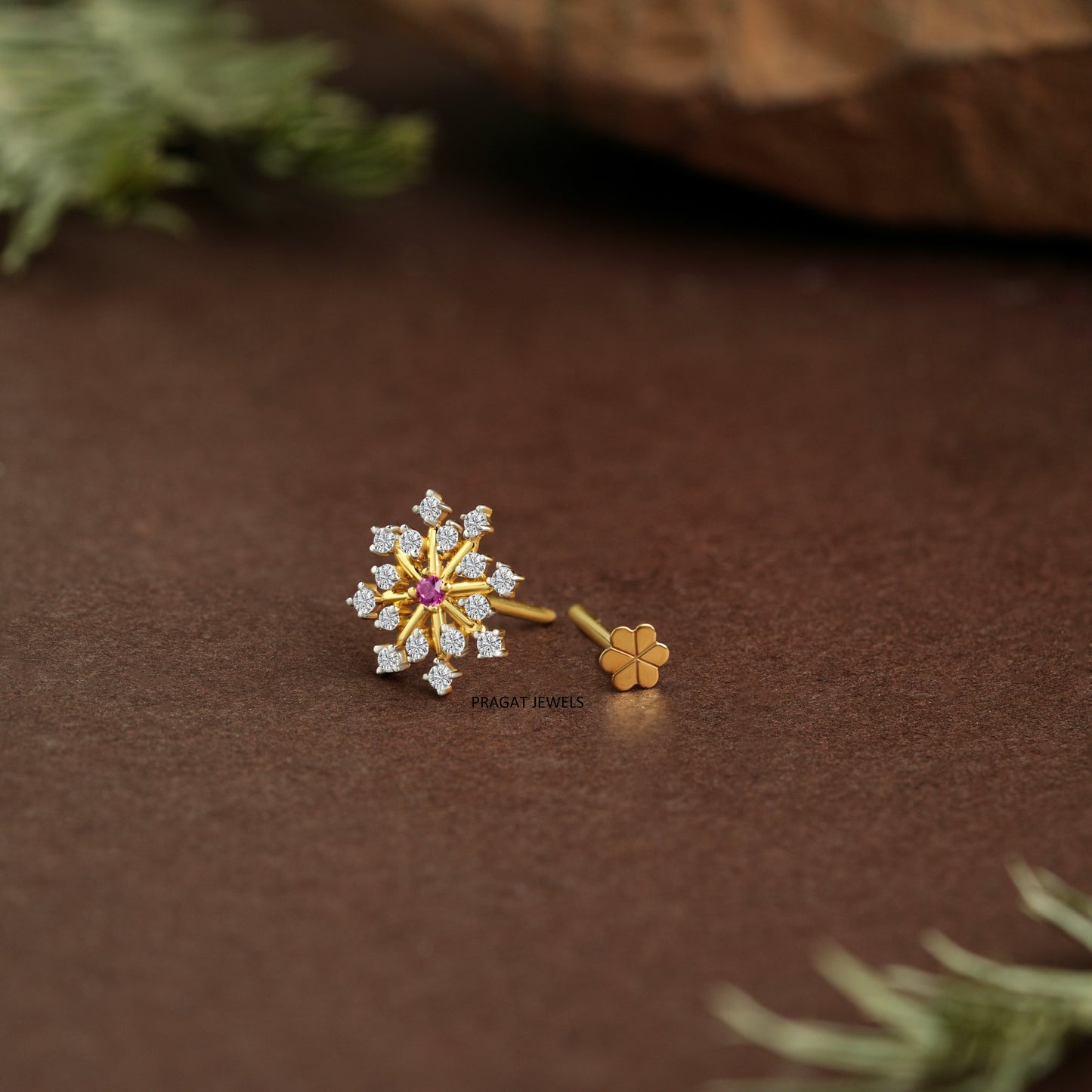 Ruby &  Diamond Sunburst Gold Nose Pin/Scarlet Bloom Diamond Nose Pin/Royal Ruby&Diamond  Star Gold Nose Pin/NP1356