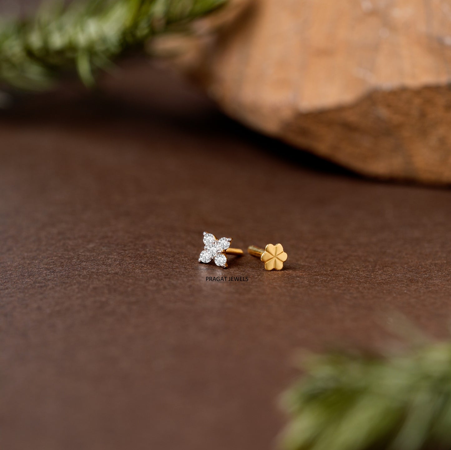 Minimalist Four-Stone Floral Nose Pin/Yellow Gold Threaded Screw-Back Diamond Nose Stud/