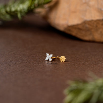Minimalist Four-Stone Floral Nose Pin/Yellow Gold Threaded Screw-Back Diamond Nose Stud/