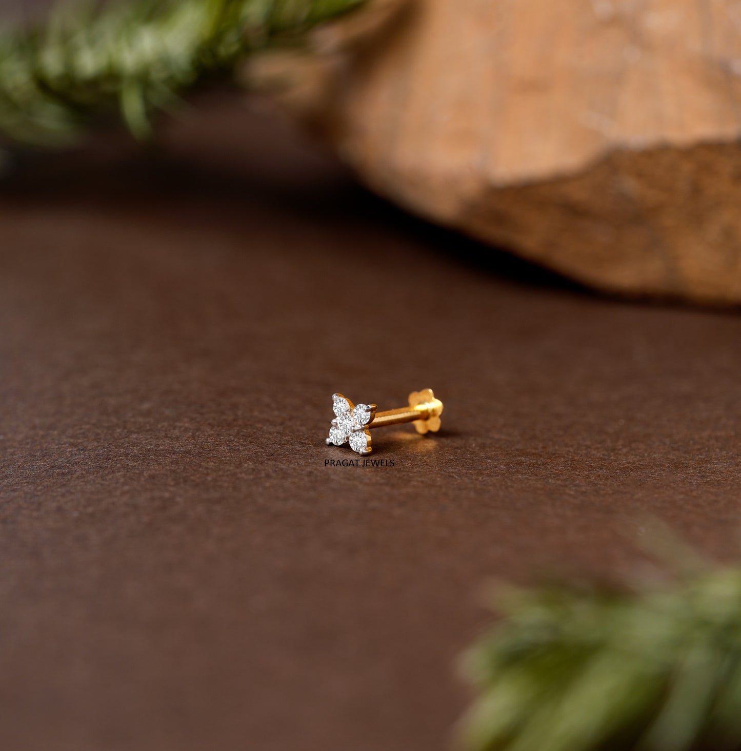 Minimalist Four-Stone Floral Nose Pin/Yellow Gold Threaded Screw-Back Diamond Nose Stud/
