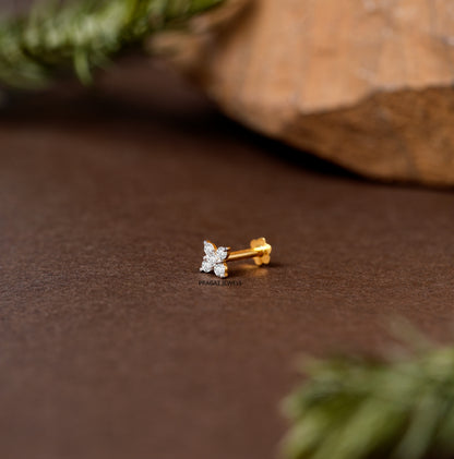 Minimalist Four-Stone Floral Nose Pin/Yellow Gold Threaded Screw-Back Diamond Nose Stud/