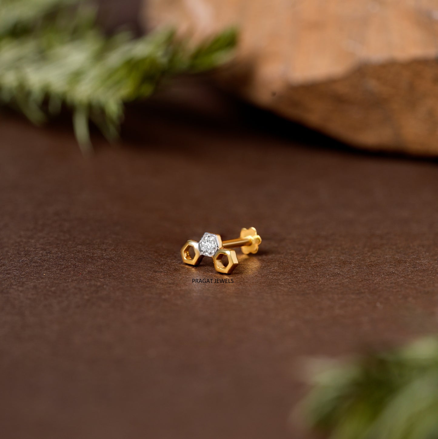 Classic Gold Clover Diamond Stud with Secure Screw-Back/Modern Tropical Leaf Gold & Diamond Nose Stud/NP1223