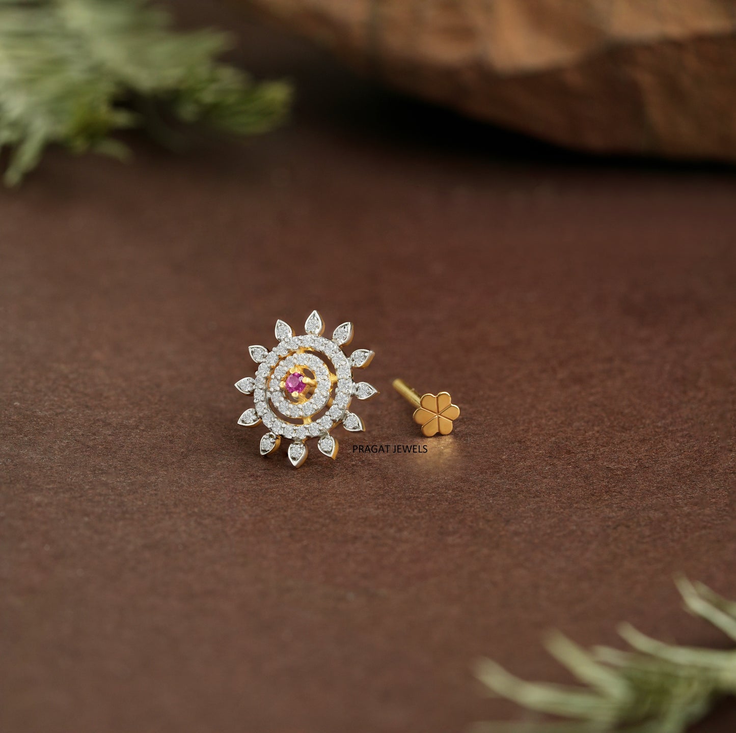 Sunburst Diamond Gold Nose Pin/Royal Ruby Bloom Nose Pin/Celestial Spark Gold Nose Stud/NP1365