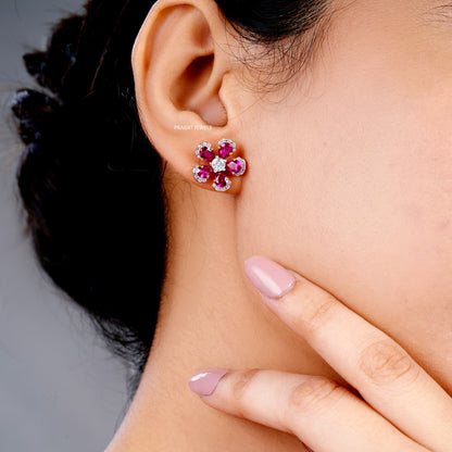 Flowers 14K Yellow Gold Earrings With Brilliant Cut Diamond,Handcrafted With Love. - PRAGAT JEWELS