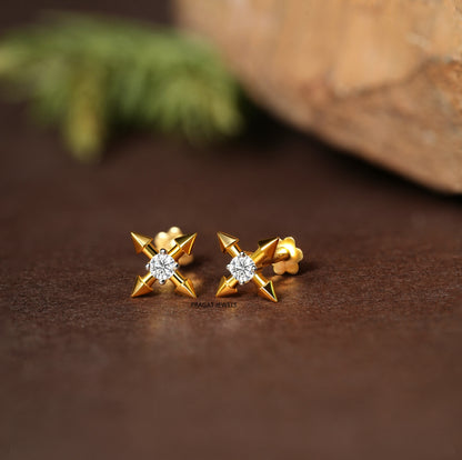Arrow Spark Gold Stud Earrings/Cross Arrow Diamond Stud Earrings/Golden Compass Stud Earrings/NP1392