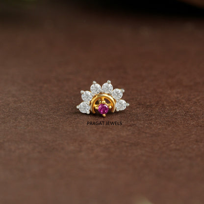 Ruby & Diamonds Bloom Gold Nose Stud/Floral Diamond Gold Nose Pin/Royal Ruby Floral Nose Pin/NP1320