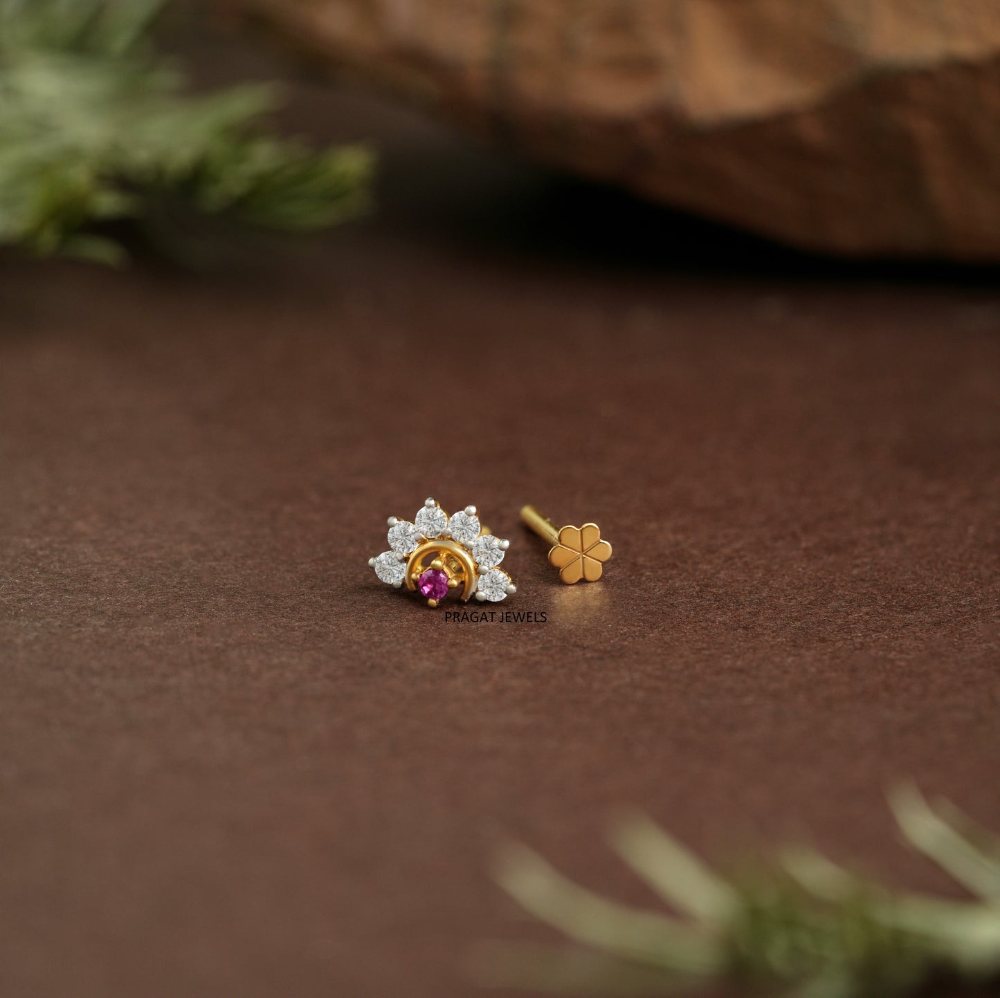 Ruby & Diamonds Bloom Gold Nose Stud/Floral Diamond Gold Nose Pin/Royal Ruby Floral Nose Pin/NP1320