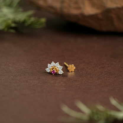 Ruby & Diamonds Bloom Gold Nose Stud/Floral Diamond Gold Nose Pin/Royal Ruby Floral Nose Pin/NP1320