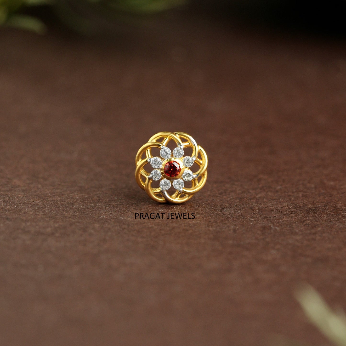 Ruby and green diamond cluster NosePin/“Golden Daisy Charm” Gold Nose Pin/“Floral Twinkle” Gold Nose Pin/NP0894