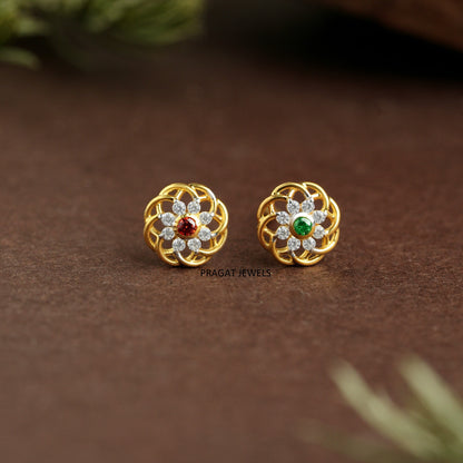 Ruby and green diamond cluster NosePin/“Golden Daisy Charm” Gold Nose Pin/“Floral Twinkle” Gold Nose Pin/NP0894