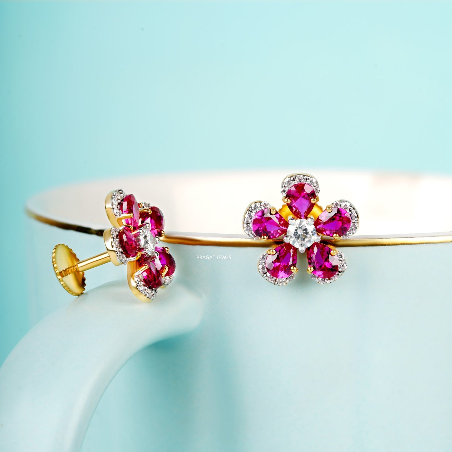 Flowers 14K Yellow Gold Earrings With Brilliant Cut Diamond,Handcrafted With Love. - PRAGAT JEWELS