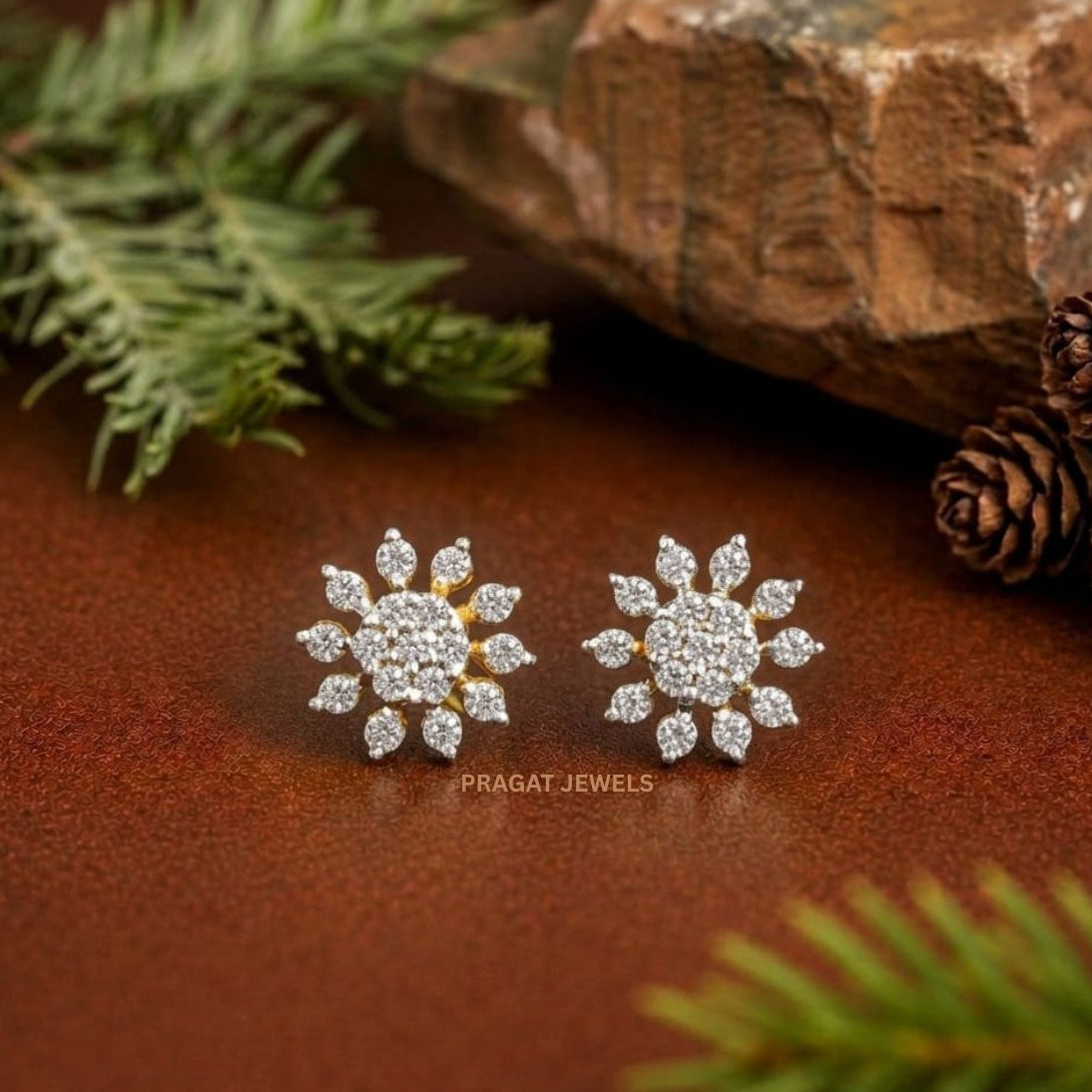 Sunburst Diamond Gold Earrings/Celestial Bloom Studs/Radiant Star Gold Earrings/NP0708