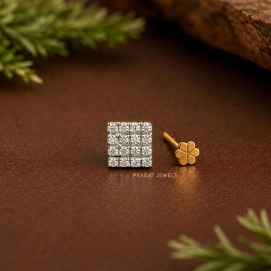 Golden Grid Diamond Nosepin/Mens earring Royal Square Gold Nose Stud/Luxe Diamond Tile Nosepin/NP0769