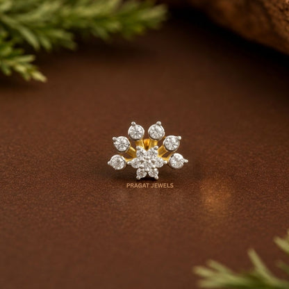 Royal Bloom Diamond Gold Nose Pin/Sunburst Diamond Nose Stud/Floral Crown Gold Nosepin/NP1344