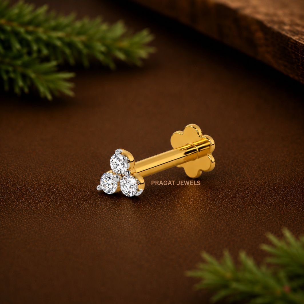 Gold Diamond Nose Pin – Delicate 3 stone nosepin| Elegant Nose Jewelry for WomenNP0299