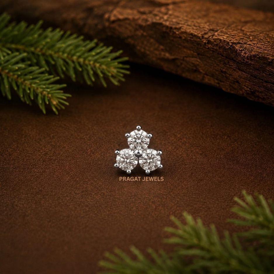 Gold Round  Diamond Trio Tiny Nose Stud/ Simple Three Stone Cluster Nose Stud / Tiny Diamond Studs / Last Minute Gift