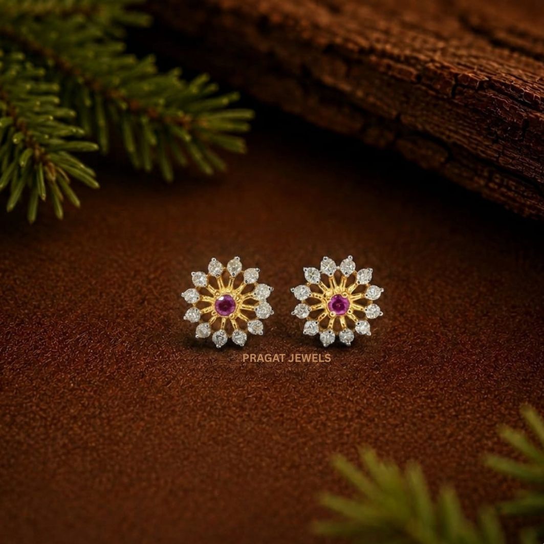 Ruby Blossom Diamond Gold Stud Earrings/Crimson Daisy Diamond Earrings/Radiant Ruby Floral Studs/NP0336