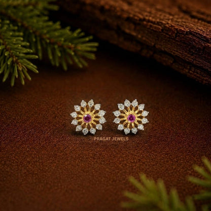 Ruby Blossom Diamond Gold Stud Earrings/Crimson Daisy Diamond Earrings/Radiant Ruby Floral Studs/NP0336