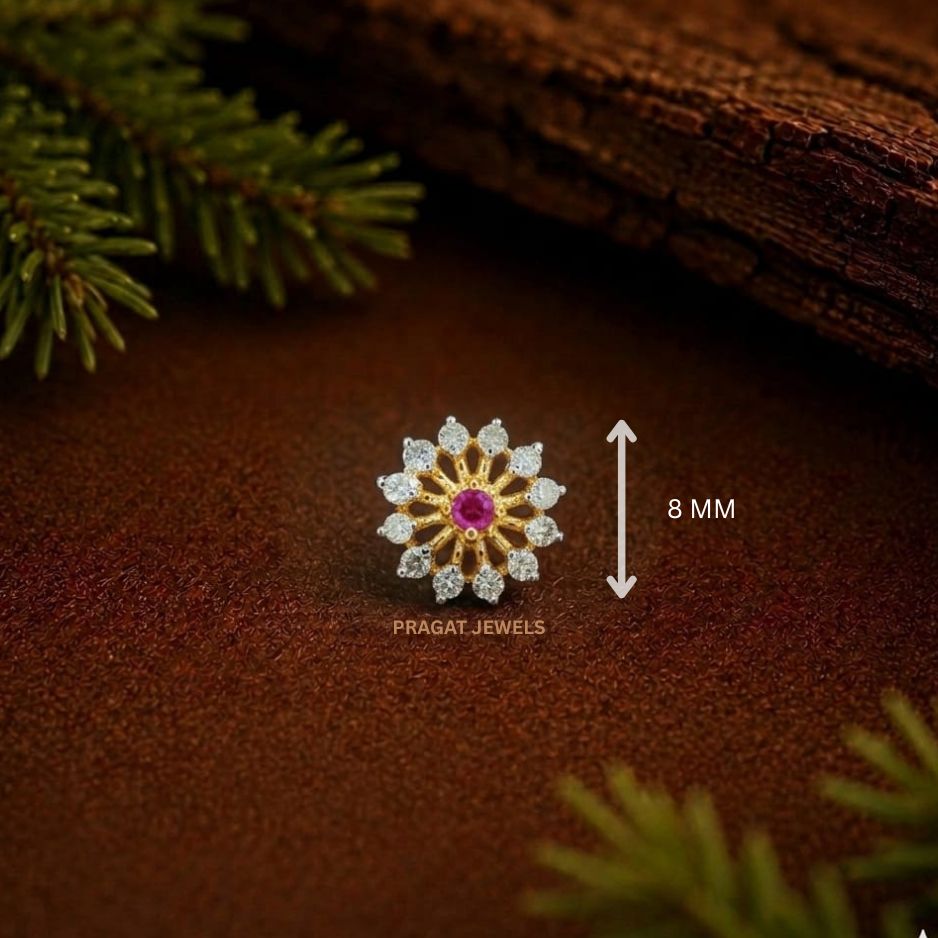 Ruby Blossom Diamond Gold Nose Pin/Crimson Bloom Floral Nose Stud/Ruby Sunflower Diamond Nose Pin/NP0336