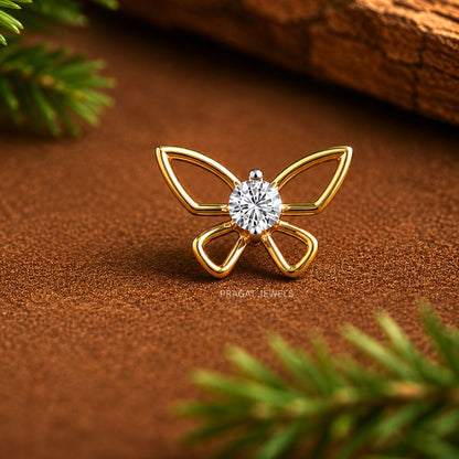 Butterfly Gold & Diamond Stud Nosepin Handmade Minimalist Jewelry NP1164