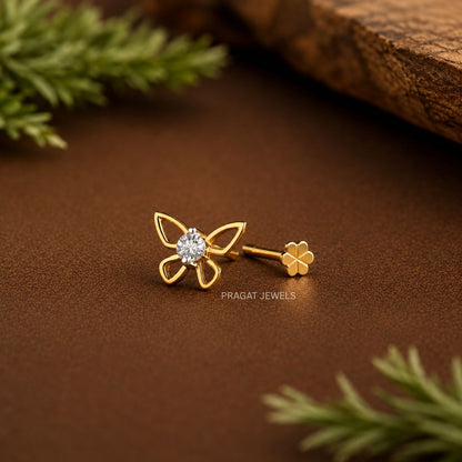 Butterfly Gold & Diamond Stud Nosepin Handmade Minimalist Jewelry NP1164