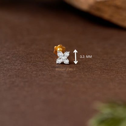 Minimalist Four-Stone Floral Nose Pin/Yellow Gold Threaded Screw-Back Diamond Nose Stud/