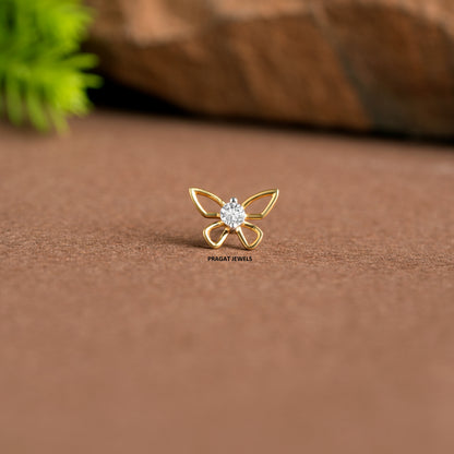 Butterfly Gold & Diamond Stud Nosepin Handmade Minimalist Jewelry NP1164