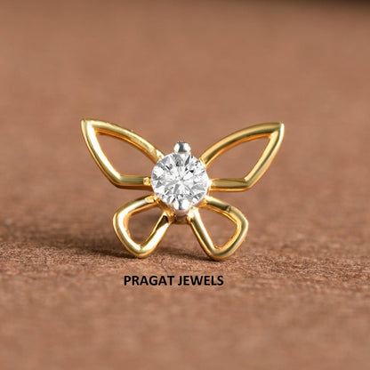 Butterfly Gold & Diamond Stud Nosepin Handmade Minimalist Jewelry NP1164