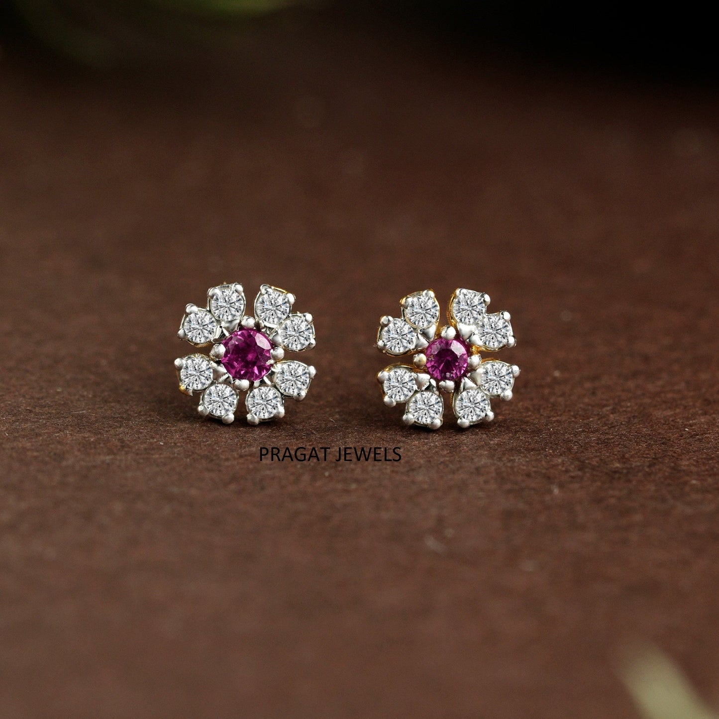 Ruby Blossom Gold Earrings/Pink Floral Diamond Studs/Diamond Daisy Gold Studs/NP1158