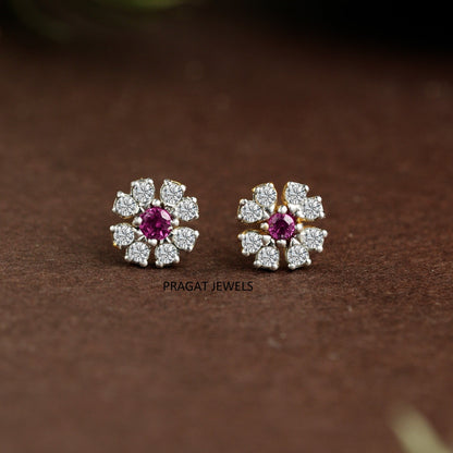 Ruby Blossom Gold Earrings/Pink Floral Diamond Studs/Diamond Daisy Gold Studs/NP1158