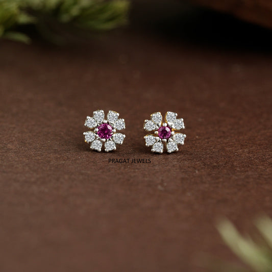 Ruby Blossom Gold Earrings/Pink Floral Diamond Studs/Diamond Daisy Gold Studs/NP1158