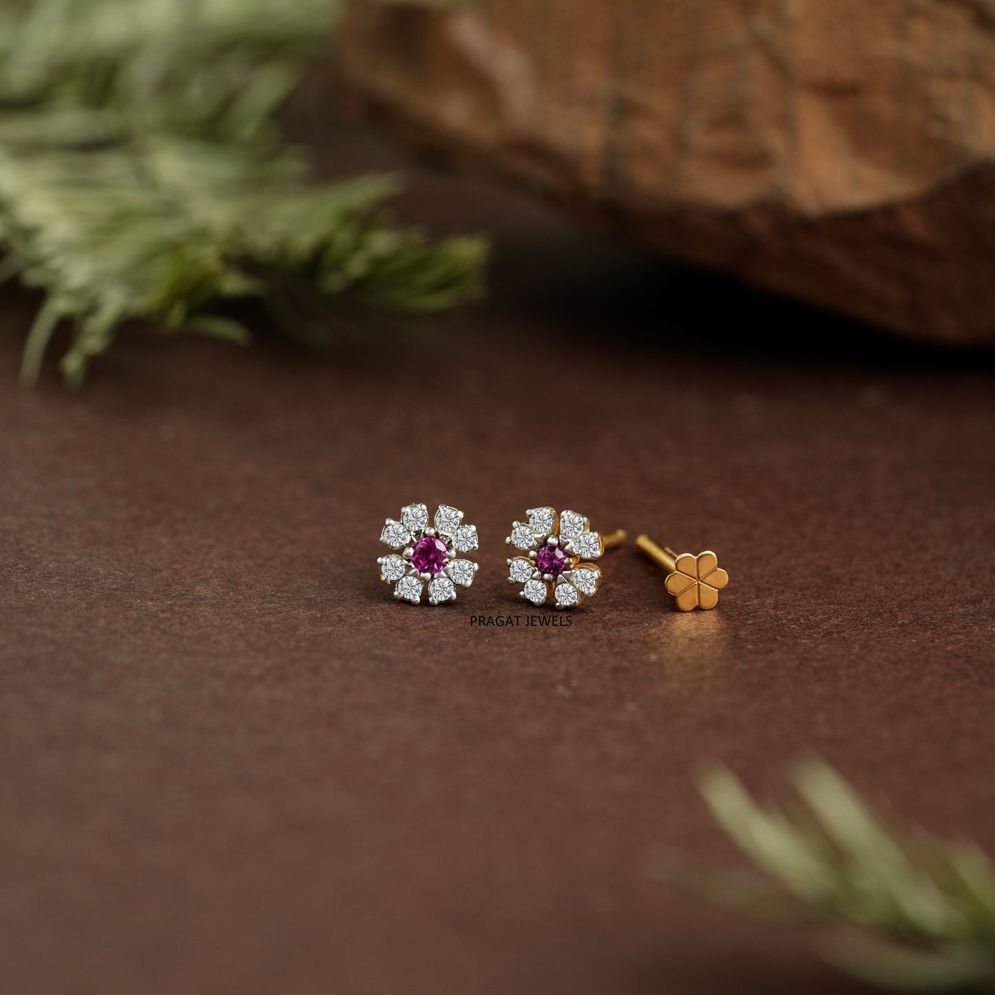 Ruby Blossom Gold Earrings/Pink Floral Diamond Studs/Diamond Daisy Gold Studs/NP1158