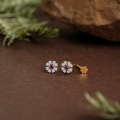 Ruby Blossom Gold Earrings/Pink Floral Diamond Studs/Diamond Daisy Gold Studs/NP1158