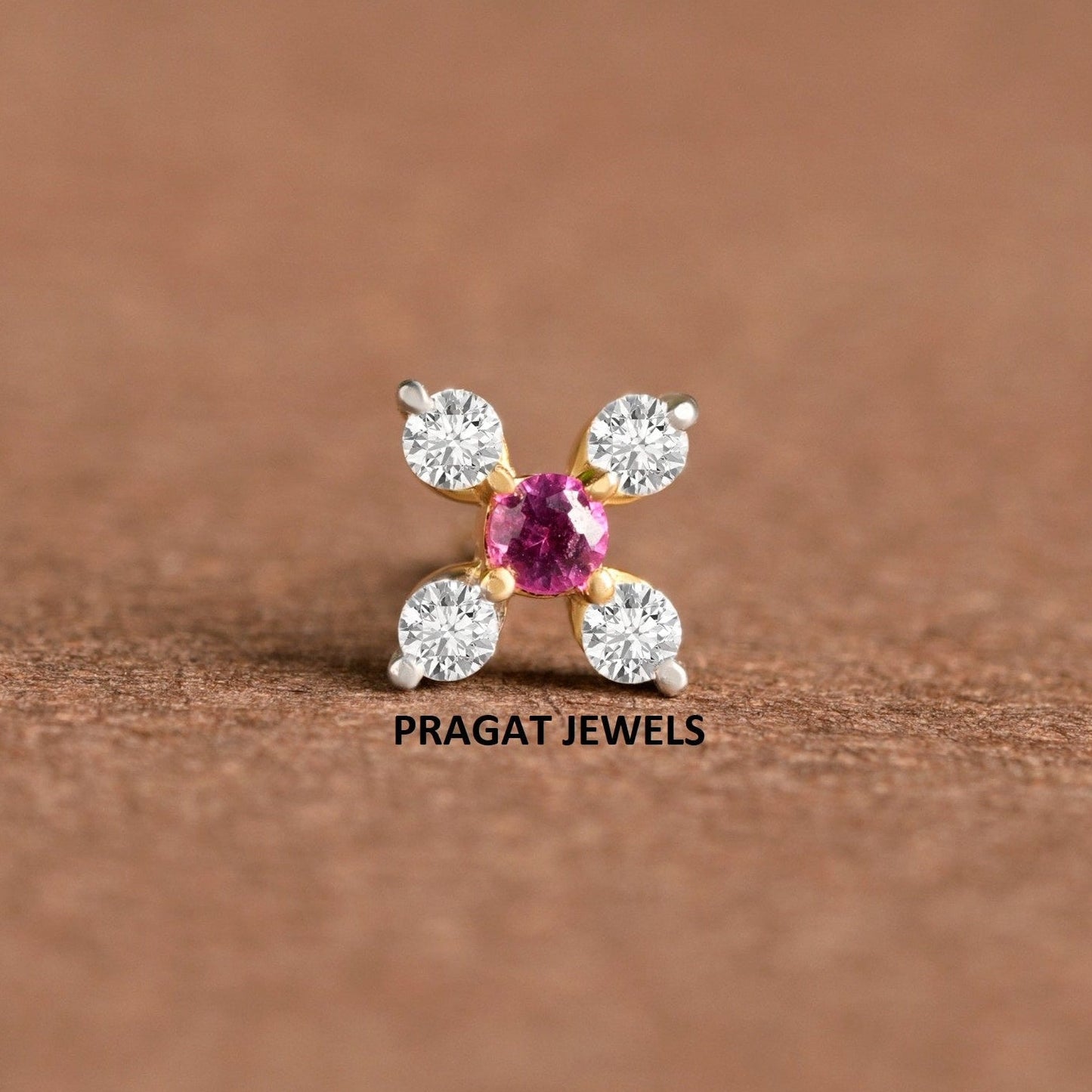 Yellow Gold Floral Red Diamond Nose Pin/Ruby Stone Nose stud NP0770