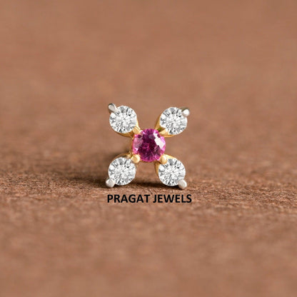 Yellow Gold Floral Red Diamond Nose Pin/Ruby Stone Nose stud NP0770