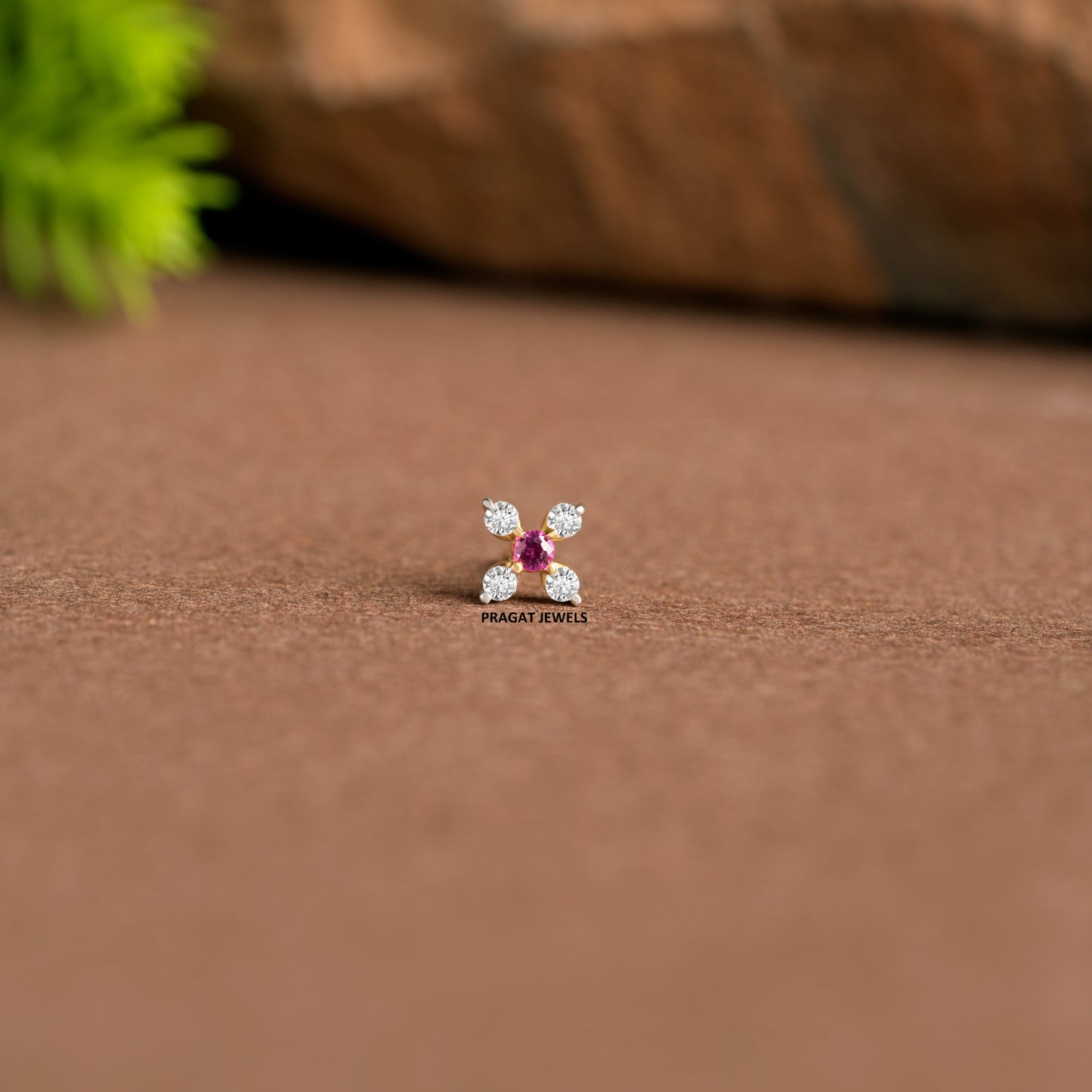 Yellow Gold Floral Red Diamond Nose Pin/Ruby Stone Nose stud NP0770