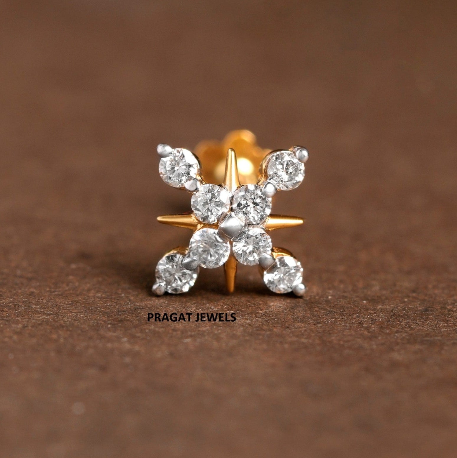 Nose Stud Indian Nose pin Diamond Nose Piercing Unique Nose Stud 18K Yellow gold - PRAGAT JEWELS